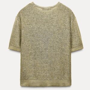 Zara Olive Green Sequin Metallic Short Sleeve Sweater Top Small NWT
